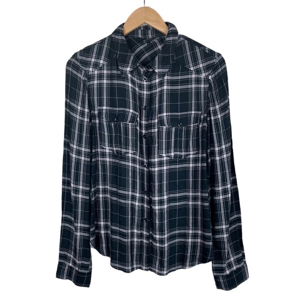 PAIGE Soft Lightweight Button Front Black Gray Plaid Flannel Shirt - Picture 1 of 8